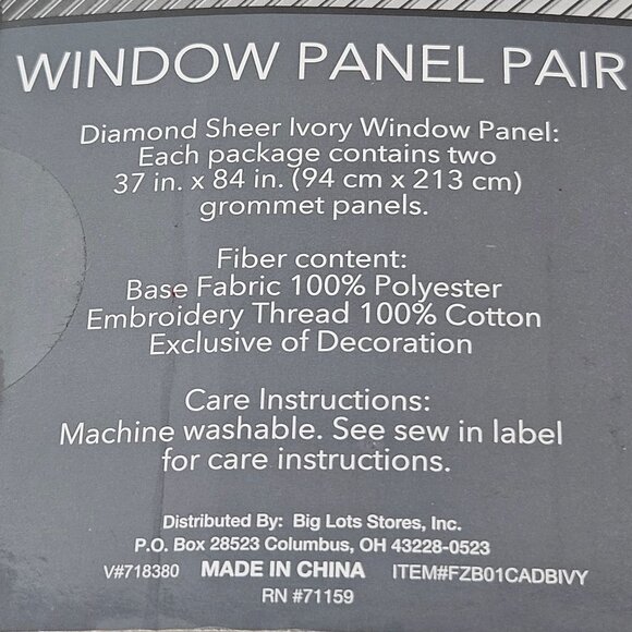 Living Colors Curtains Diamond Sheer Ivory Window Panel Pair 74 X 84 Grommet - Picture 3 of 10